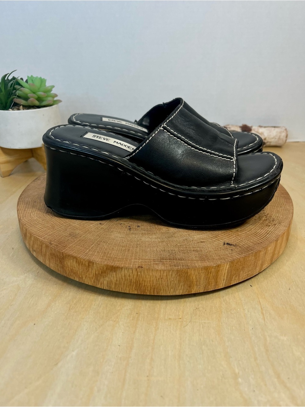 Steve Madden Vintage Ignite Platform Wedge Slides - Black Leather - Size 6.5B - Picture 8 of 16
